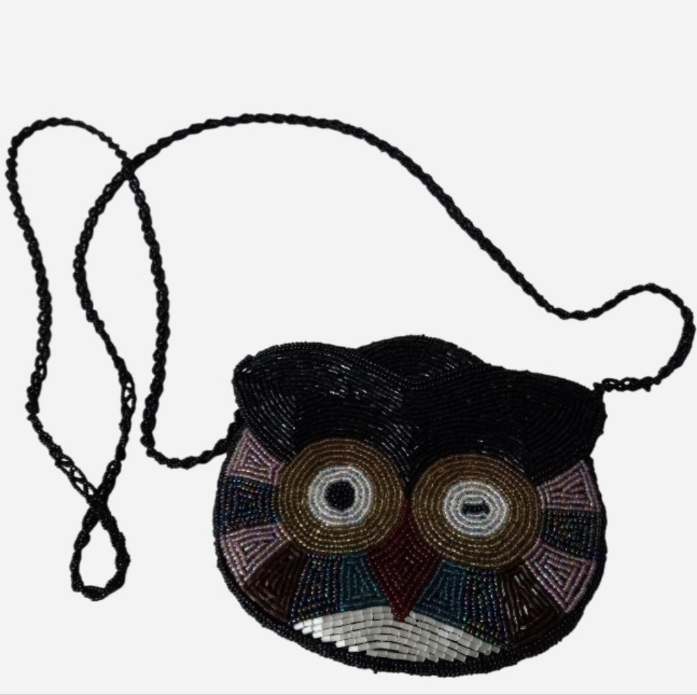 Vintage Multicolor Beaded Owl Mini Crossbody Purse